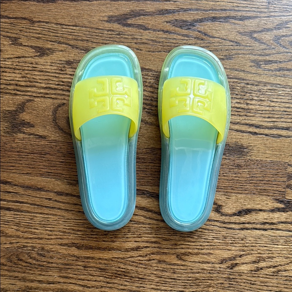 Tory Burch Yellow and Blue Women’s Jelly Slide Sandals Size 8